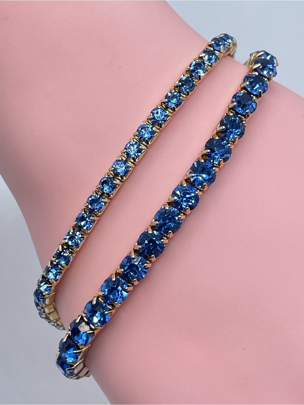Blue Crystal Gold Tennis Bracelet Set Stackable Glam Sparkly Modern